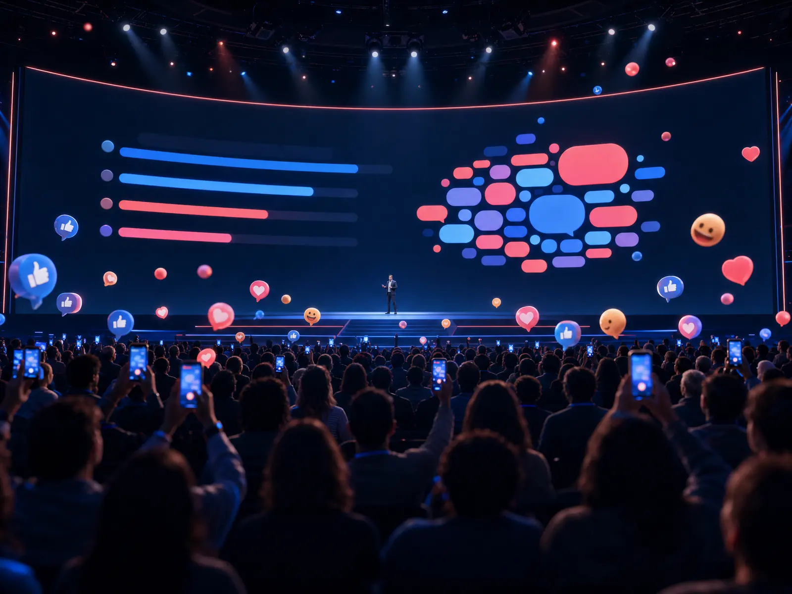 Public d'une conférence brandissant ses smartphones devant un écran géant affichant un sondage et un nuage de mots en direct