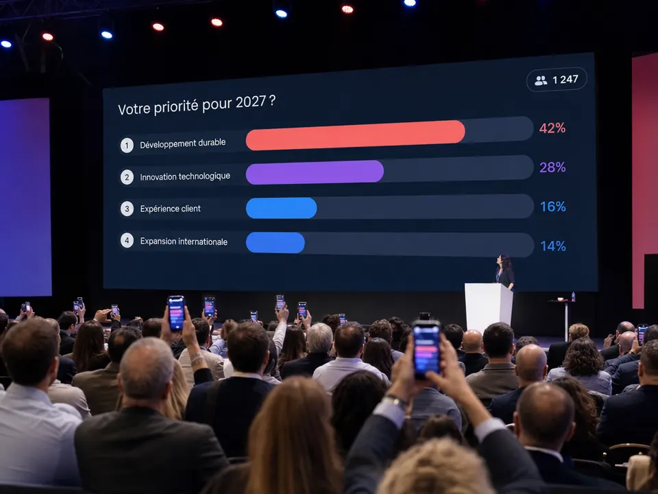 Résultats d'un vote en direct affichés sur l'écran d'une plénière