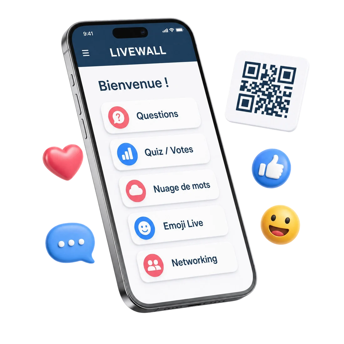 La webapp Livewall sur smartphone : questions, quiz, nuage de mots, emoji live et networking, accessible par QR code